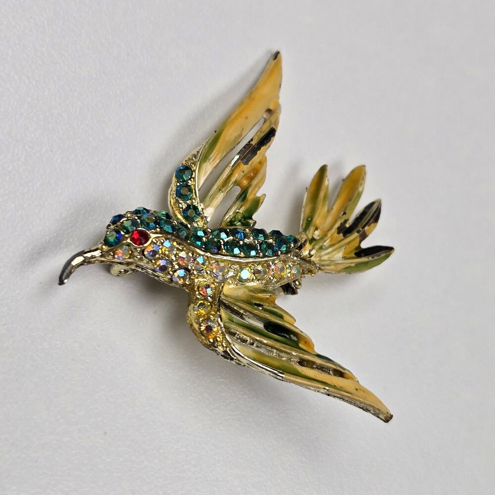 Vintage Gold Tone Hummingbird Brooch Pin Colorful Rhinestones Flight Figural 12g